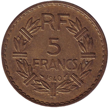 Монета 5 франков. 1940 год, Франция.
