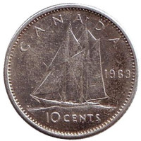 Парусник. Монета 10 центов. 1963 год, Канада. 