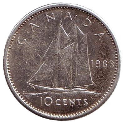Монета 10 центов. 1963 год, Канада. Парусник.