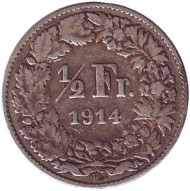 Монета 1/2 франка. 1914 год, Швейцария.