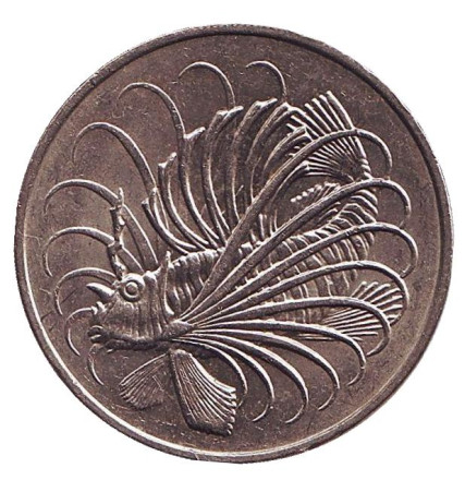Монета 50 центов. 1977 год, Сингапур. Рыба-лев.