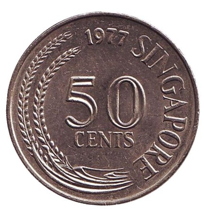 Монета 50 центов. 1977 год, Сингапур. Рыба-лев.