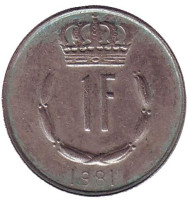 Монета 1 франк. 1981 год, Люксембург. Монета 1 франк. 1981 год, Люксембург.