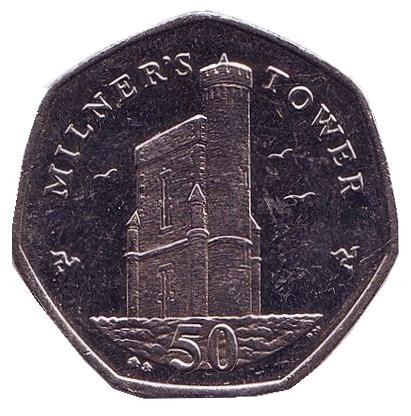 Монета 50 пенсов. 2014 год, Остров Мэн. (BB) Башня Милнера.