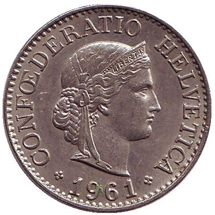 Монета 10 раппенов. 1961 год, Швейцария. Монета 10 раппенов. 1961 год, Швейцария.