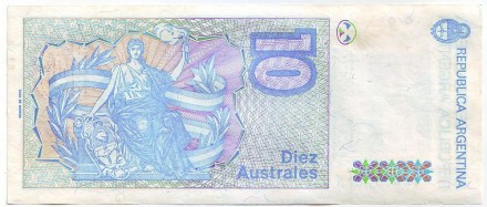 Банкнота 10 аустралей. 1985-1989 гг., Аргентина. Тип 1. Банкнота 10 аустралей. 1985-1989 гг., Аргентина. Тип 1.