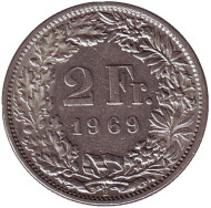 Монета 2 франка. 1969 год, Швейцария. Гельвеция. Монета 2 франка. 1969 год, Швейцария. Гельвеция.