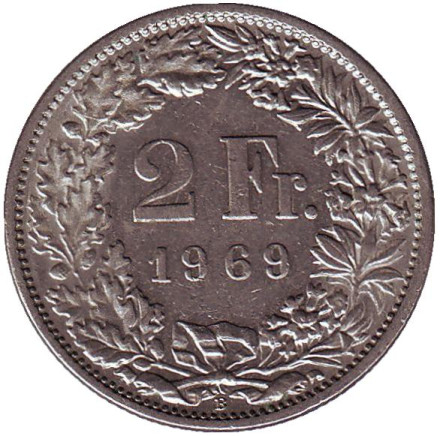 Монета 2 франка. 1969 год, Швейцария. Гельвеция.
