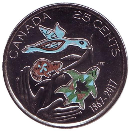 Монета 25 центов. 2017 год, Канада. (Цветная). 150 лет Конфедерации Канада. Надежда на зелёное будущее.