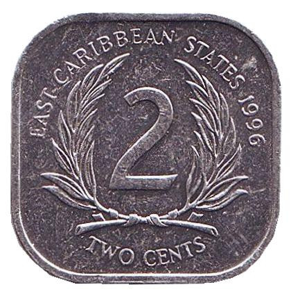 Монета 2 цента. 1996 год, Восточно-Карибские государства.