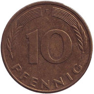 Монета 10 пфеннигов. 1983 год (F), ФРГ. (Из обращения). Дубовые листья. Монета 10 пфеннигов. 1983 год (F), ФРГ. (Из обращения). Дубовые листья.