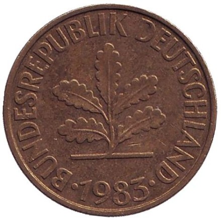 Монета 10 пфеннигов. 1983 год (F), ФРГ. (Из обращения). Дубовые листья.