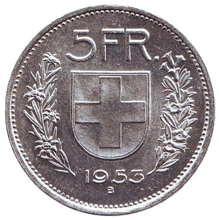 Монета 5 франков. 1953 год, Швейцария. Вильгельм Телль. Монета 5 франков. 1953 год, Швейцария. Вильгельм Телль.