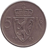 Монета 5 крон. 1963 год, Норвегия. Монета 5 крон. 1963 год, Норвегия.