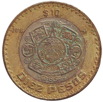 Монета 10 песо. 2016 год, Мексика. Тонатиу. Ацтекский солнечный камень. Орёл.