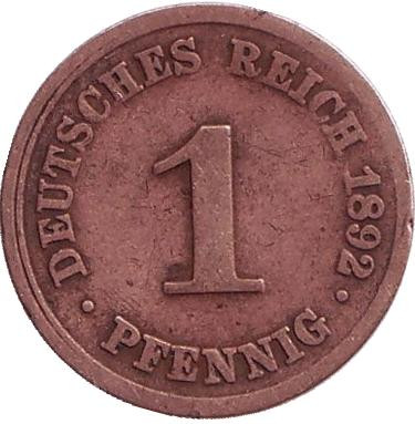 Монета 1 пфенниг. 1892 год (D), Германская империя.