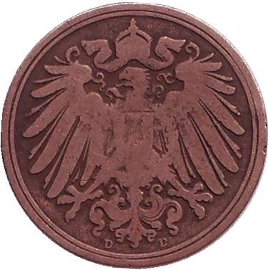 Монета 1 пфенниг. 1892 год (D), Германская империя. Монета 1 пфенниг. 1892 год (D), Германская империя.