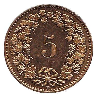 Монета 5 раппенов. 2017 год, Швейцария. Из обращения.