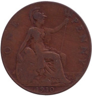 Монета 1 пенни. 1910 год, Великобритания. Монета 1 пенни. 1910 год, Великобритания.