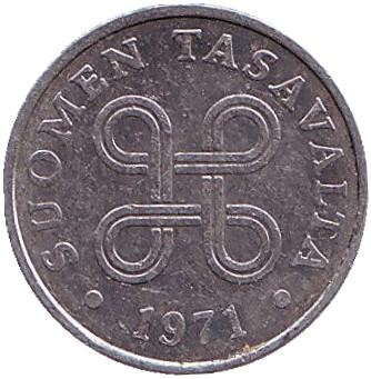 Монета 1 пенни. 1971 год, Финляндия.