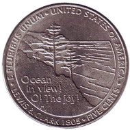Монета 5 центов. 2005 год (D), США. Из обращения. Выход к океану. Монета 5 центов. 2005 год (D), США. Из обращения. Выход к океану.