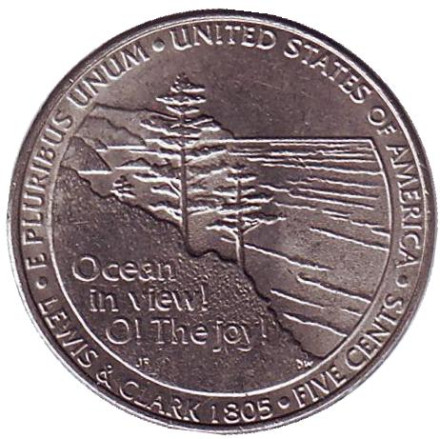 Монета 5 центов. 2005 год (D), США. Из обращения. Выход к океану.