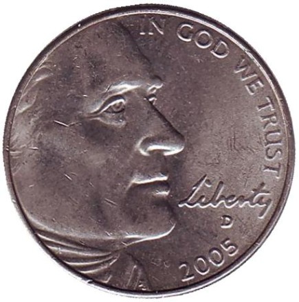 Монета 5 центов. 2005 год (D), США. Из обращения. Выход к океану.
