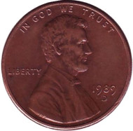 Монета 1 цент. 1989 год (D), США. Линкольн. Монета 1 цент. 1989 год (D), США. Линкольн.