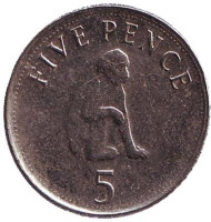 Монета 5 пенсов. 2007 год, Гибралтар. Варварийская обезьяна.