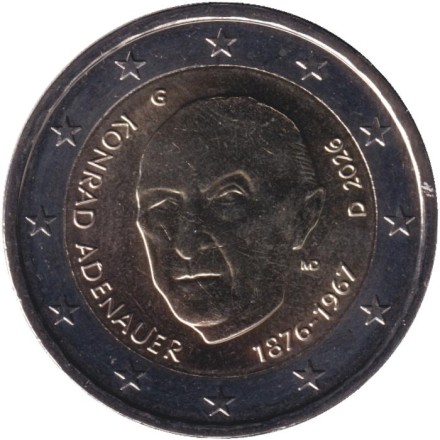 Монета 2 евро. 2026 год (G), Германия. Конрад Аденауэр.