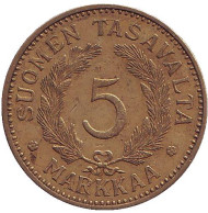 Монета 5 марок. 1940 год, Финляндия. Монета 5 марок. 1940 год, Финляндия.