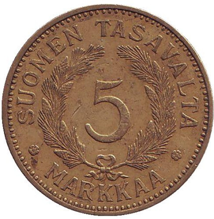 Монета 5 марок. 1940 год, Финляндия.