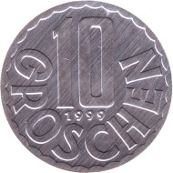 Монета 10 грошей. 1999 год, Австрия. Монета 10 грошей. 1999 год, Австрия.