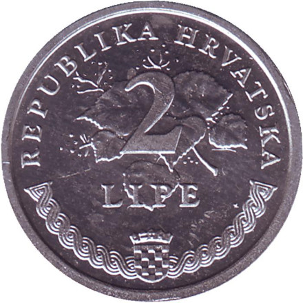 Монета 2 липы. 1999 год, Хорватия. Виноградная ветвь. Монета 2 липы. 1999 год, Хорватия. Виноградная ветвь.