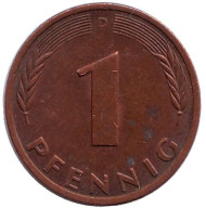 Монета 1 пфенниг. 1977 год (D), ФРГ. Дубовые листья. Монета 1 пфенниг. 1977 год (D), ФРГ. Дубовые листья.