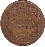 Монета 2000 рейсов. 1939 год, Бразилия. Монета 2000 рейсов. 1939 год, Бразилия.