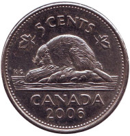 Монета 5 центов, 2006 год, Канада. (Немагнитная) Бобр. Монета 5 центов, 2006 год, Канада. (Немагнитная) Бобр.