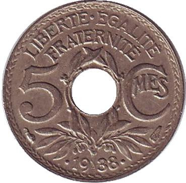 Монета 5 сантимов. 1938 год, Франция. (точки вокруг даты)