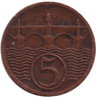 Монета 5 геллеров. 1929 год, Чехословакия.