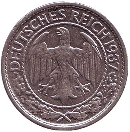 Монета 50 рейхспфеннигов. 1937 год (A), Веймарская республика.