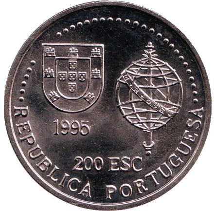 Монета 200 эскудо. 1995 год, Португалия. Открытие Австралии 1522 год. Великие географические открытия.