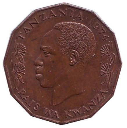 Монета 5 сенти. 1974 год, Танзания. Парусник (рыба).