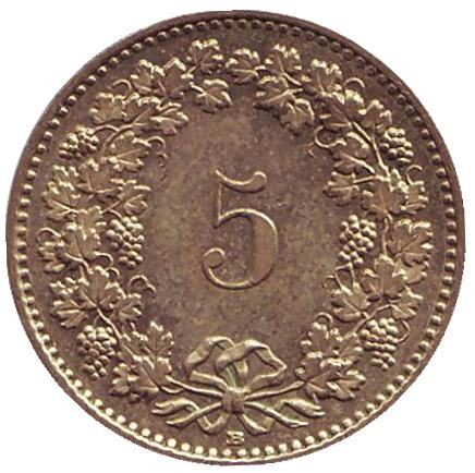 Монета 5 раппенов. 2009 год, Швейцария.