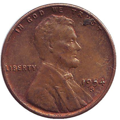 Монета 1 цент. 1954 год (S), США. Линкольн.