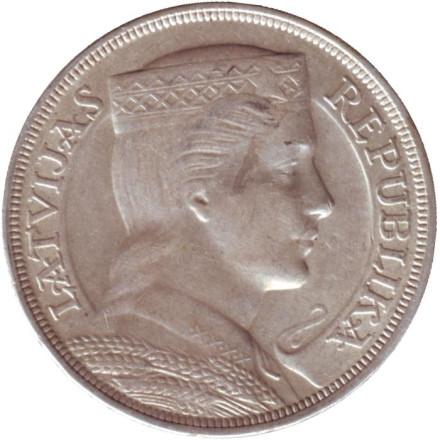 Монета 5 латов. 1932 год, Латвия. Милда.