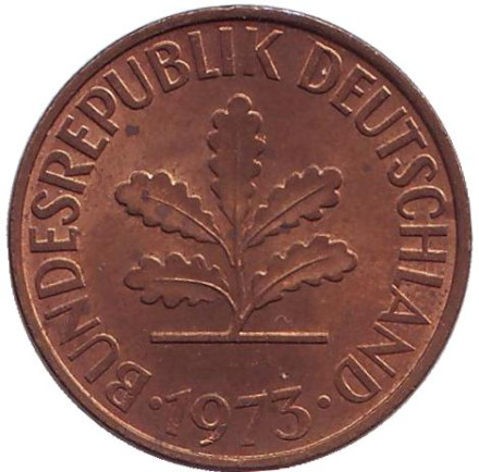 Монета 10 пфеннигов. 1973 год (D), ФРГ. Дубовые листья. Монета 10 пфеннигов. 1973 год (D), ФРГ. Дубовые листья.