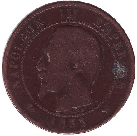 Монета 10 сантимов. 1855 год (W), Франция. Наполеон III.