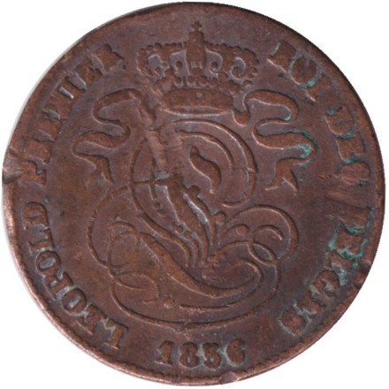 Монета 2 сантима. 1856 год, Бельгия. Монета 2 сантима. 1856 год, Бельгия.