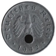 Монета 10 рейхспфеннигов. 1942 год, Германия (Третий Рейх). (A). Монета 10 рейхспфеннигов. 1942 год, Германия (Третий Рейх). (A).