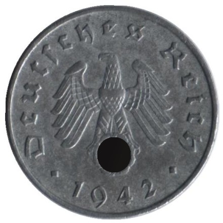 Монета 10 рейхспфеннигов. 1942 год, Германия (Третий Рейх). (A). Монета 10 рейхспфеннигов. 1942 год, Германия (Третий Рейх). (A).